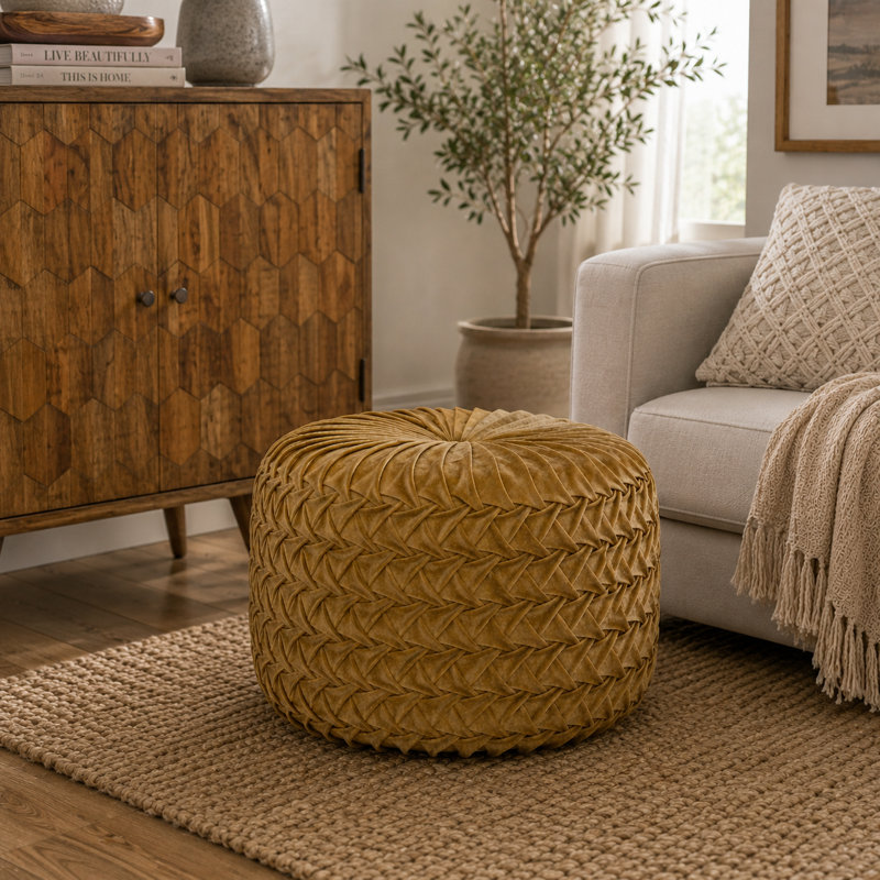 Aunesty 46cm Wide Velvet Tufted Round Pouffe Ottoman, Cream