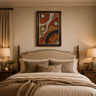Toile rouge avec ocre rouge, cercles concentriques, chemin sinueux, art mural sur toile