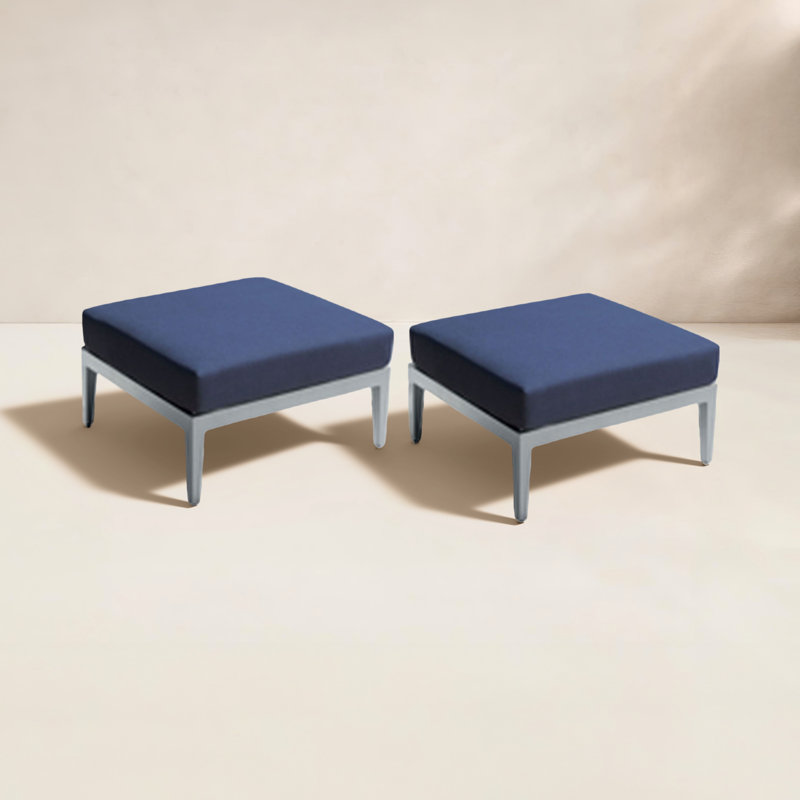 Repose-pieds d'extérieur avec coussin Sunbrella Thurgood, Structure grise / coussin bleu marine