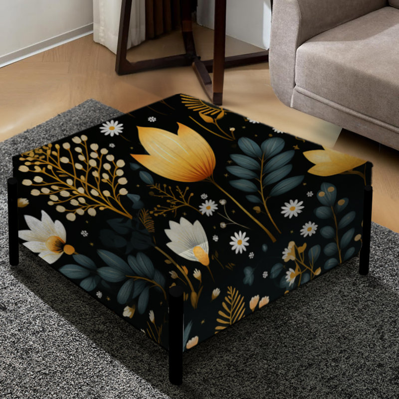 Motif de fougères rétro noir et jaune - grand repose-pieds carré floral