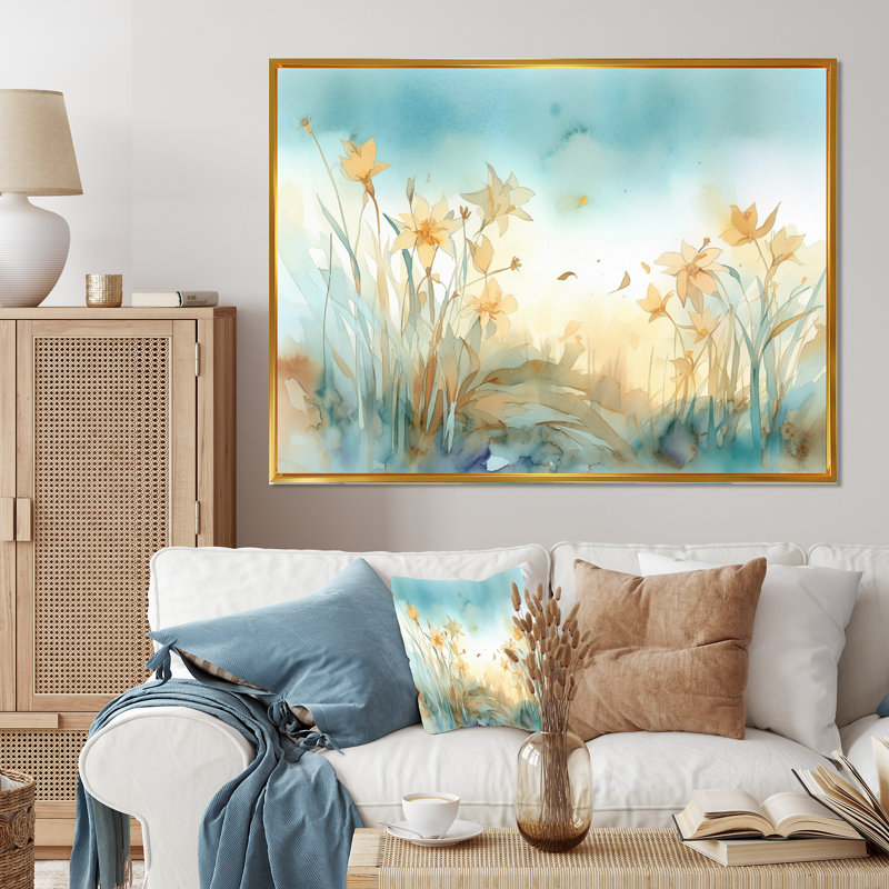 Jahanna Golden Daffodils Elegance III sur toile, H 30 po x l 40 po x P 1,5 po, Cadre flottant doré