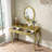 Luxury Makeup Vanity Desk With Oval Mirror, 3 Drawers And Intricate Carvings-621614875