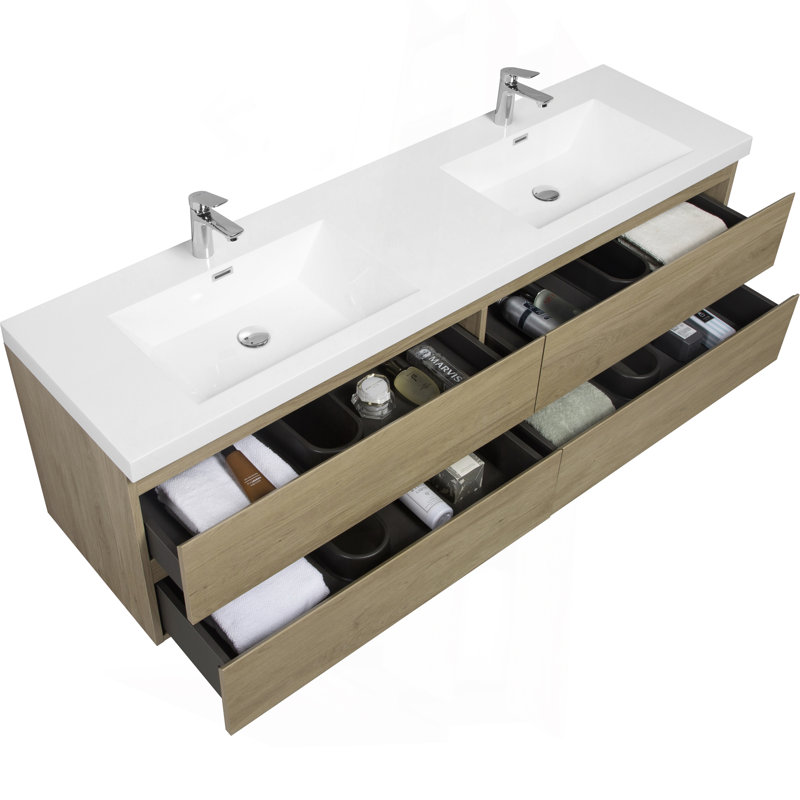 Meuble-lavabo mural 72 po avec lavabo 72 po, meuble-lavabo mural moderne avec lavabo à surface solide, Chêne