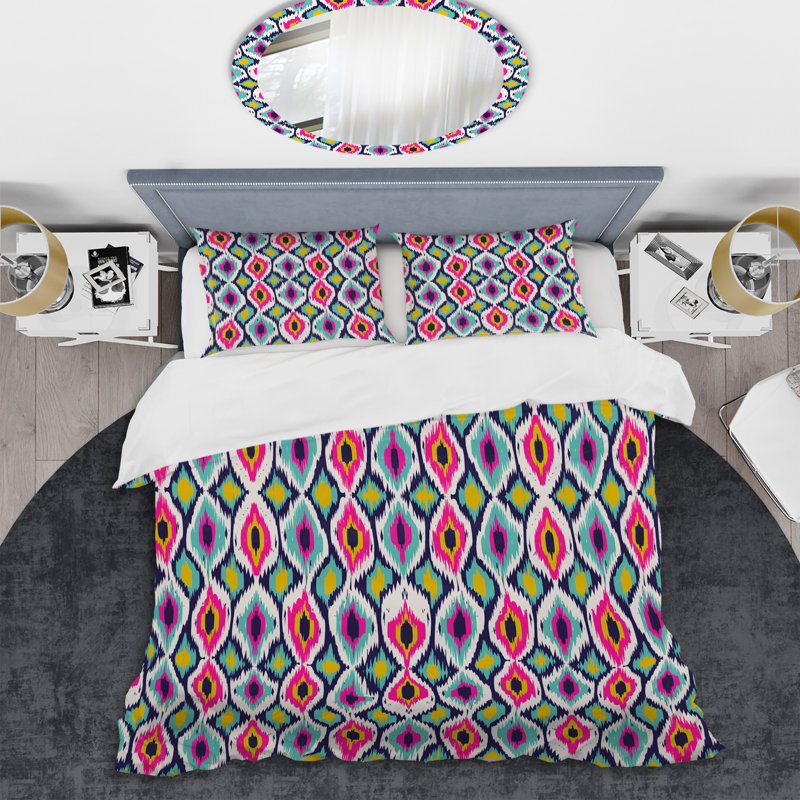 Ensemble de housse de couette rose et bleu Ikat Ogee, Housse de couette simple + 1 taie décorative stan