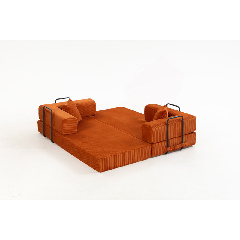 Canapé-lit modulaire double en mousse compressée avec plusieurs options de disposition, comprenant 2 coussins, tissu velours côtelé doux, polyvalent pour le salon, la chambre à coucher, un appartement et plus encore. Dimensions: 76,38 po x 35,04 po, orange