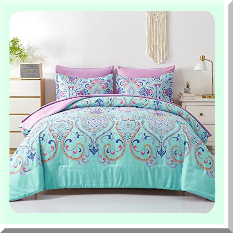 Boho Medallion Comforter Set - 5 Piece Bedding Bag - Soft Microfiber Sheets - All Season Bed Set - Damask Print Comforter