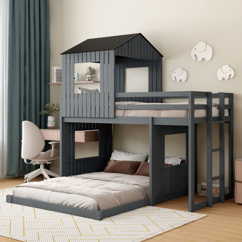 Lit superposé en bois avec maisonnette, gris