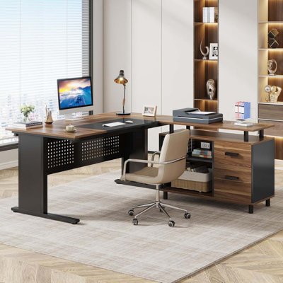 Bureau de direction en L de 160 cm avec caisson intégré, grand poste de travail informatique d'angle moderne avec tiroirs, étagères ouvertes et rangements, bureau pour bureau à domicile ou professionnel, brun rustique et noir