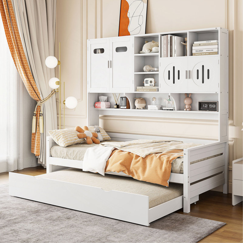 Twin Size Wooden Daybed With Twin Size Trundle, And All-In-One Cabinet And Shelf