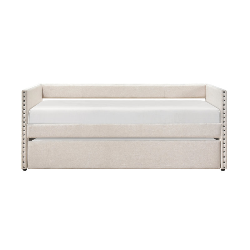 Modern Daybed Pull-Out Trundle With Side Pockets, Twin Upholstery Daybed And Nailhead Trim, Beige