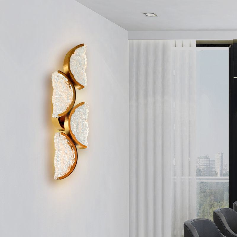 Applique murale moderne intégrée en laiton à DEL de 8 po avec verre texturé fabriqué à la main pour le salon, le couloir et la chambre à coucher