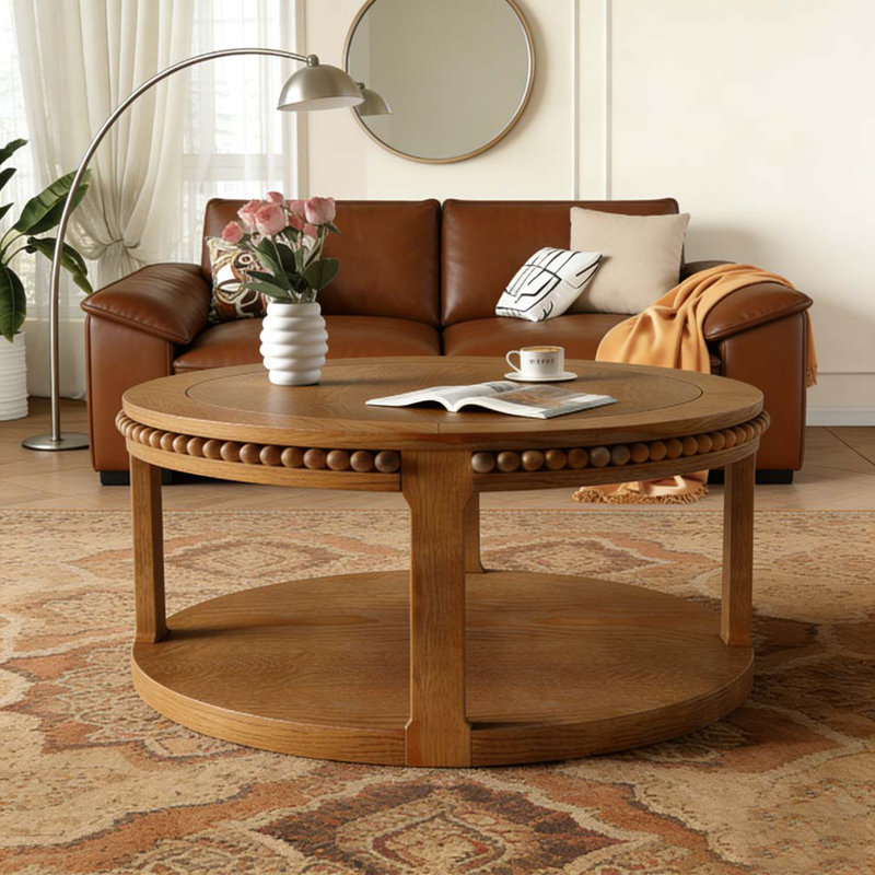 Table basse ronde à deux niveaux en bois massif avec pieds robustes, Noyer brun