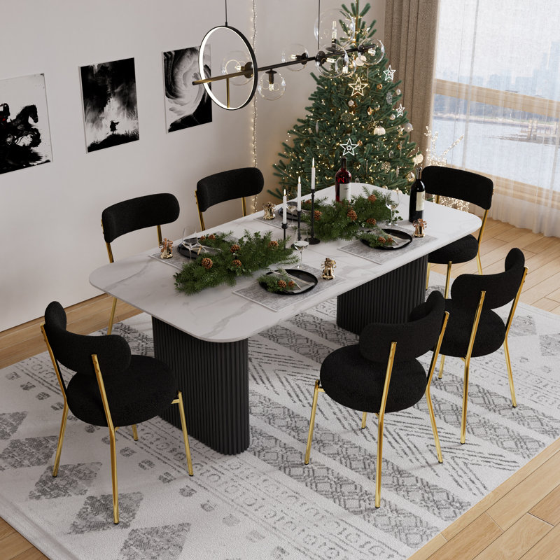 Ensemble de salle à manger rectangulaire à double piédestal avec table de salle à manger de style crème, Noir, 7, Black/Gold