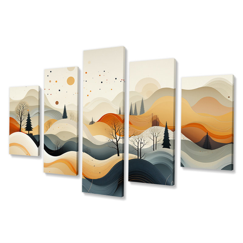 «Teal Orange Line Art Landscape», reproduction d'art sur ligne abstraite - 5 panneaux