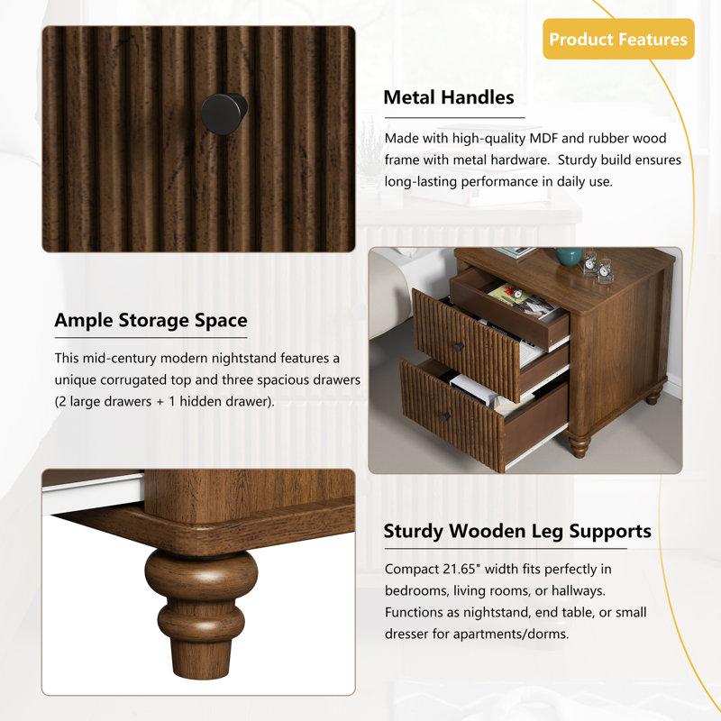 PTalia Nightstand with Fluted Top, 3 Drawers and Metal Handles, Set of 2, Brown