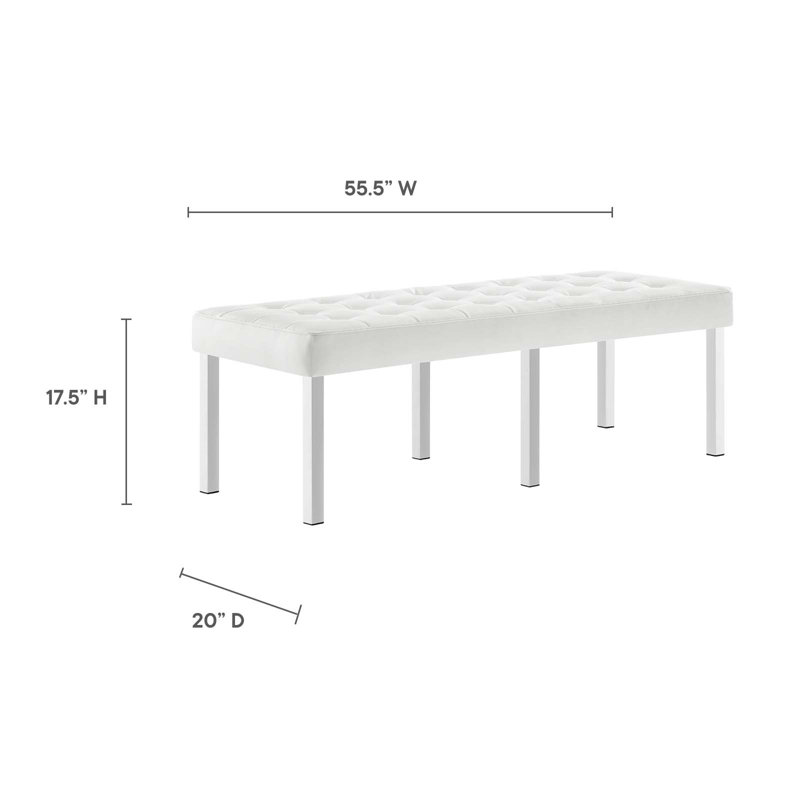 White Vegan Leather Tufted Bench with Stainless Steel Legs