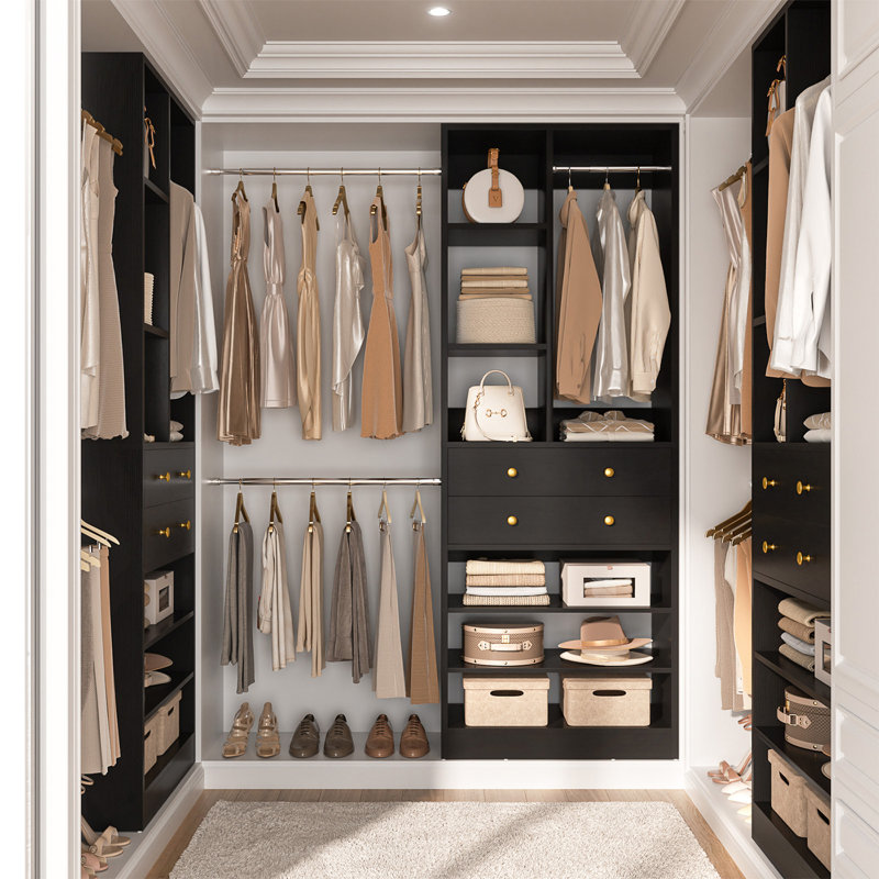 28" Wood Closet System With Drawers And Shelves, Reach-In Closet System For Small Closet, Black