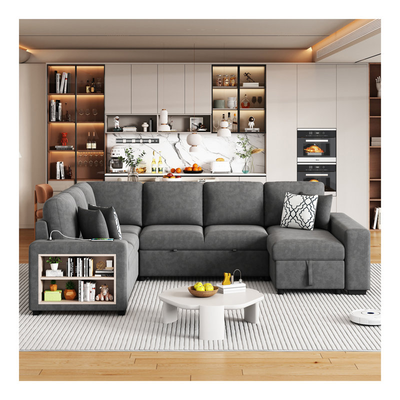 Canapé-lit modulaire en forme de U de 109 po avec deux ports USB, une méridienne de rangement et quatre coussins de dossier pour le salon