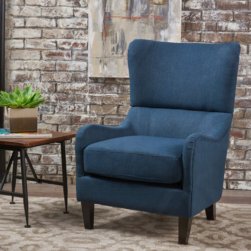 Fauteuil à oreilles rembourré Columbus, Tissu bleu marine