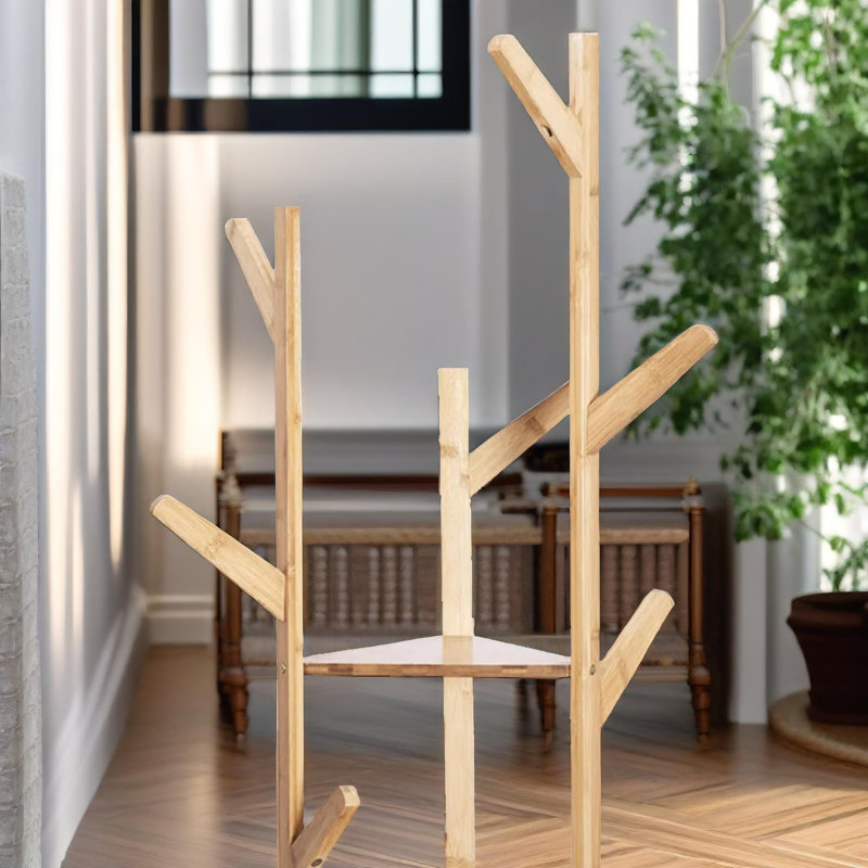 Natural Bamboo 9 Hook Coat Stand Freestanding Coat Rack Hat Stand Umbrella Holder Entryway Hallway