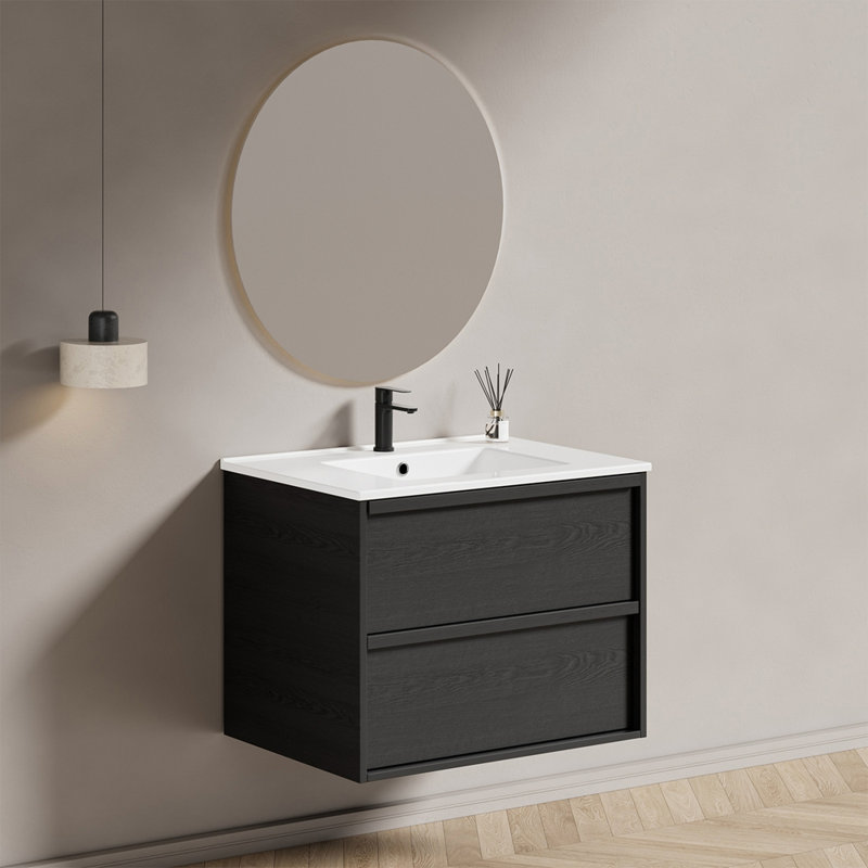 Meuble-lavabo 30 po avec lavabo en céramique - Meuble-lavabo mural flottant cannelé avec tiroirs, moderne