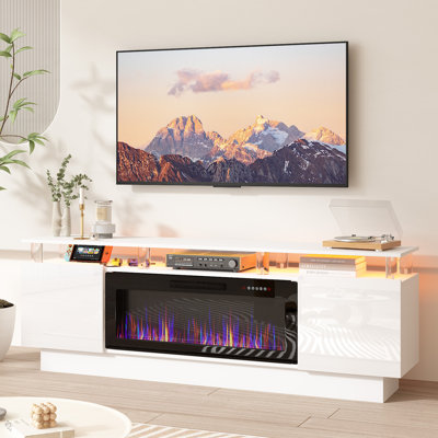 2 Tier High 70" Gloss Tv Stand With Electric Fireplace