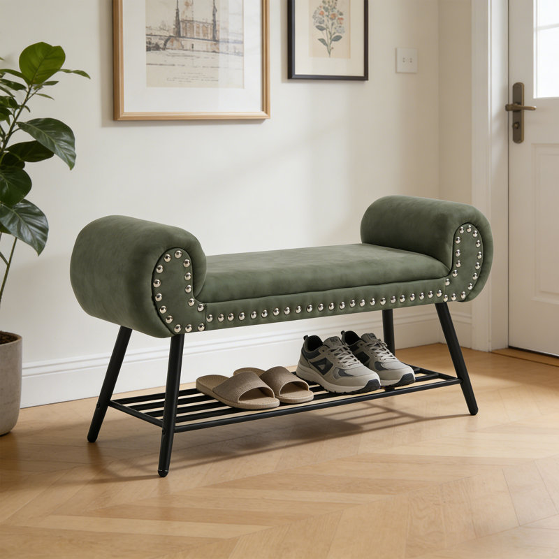 45'' W Upholstered Storage Bench With Shoe Rack, Green