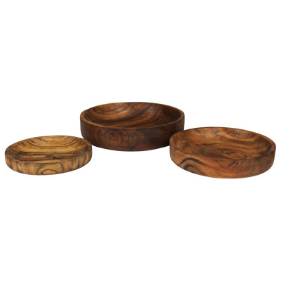 Bols, bois d'acacia, ensemble / 3 pièces: 5 x 5 x 0,75. Moyen: 6 x 6 x 1, grand: 7,25 x 7,25 x 1,5
