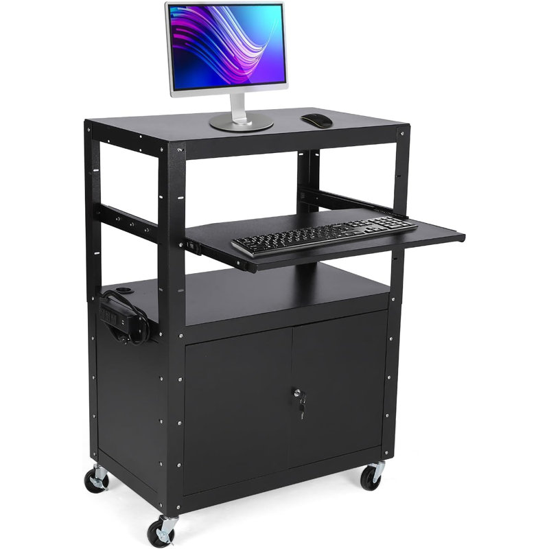 Height Adjustable Rolling AV Cart with Locking Cabinet