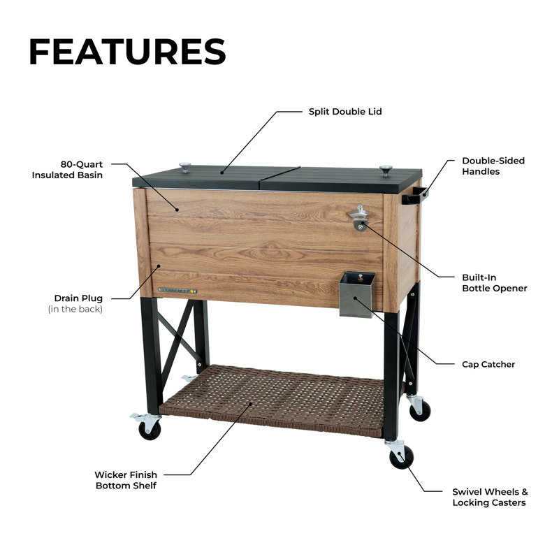 Permasteel 80-Qt Oak Wood Outdoor Patio Cooler with Wicker Bottom Shelf