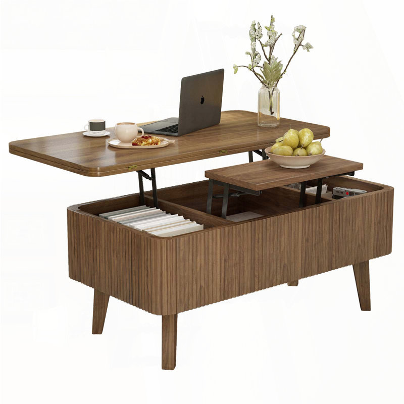 Table basse à plateau relevable 3 en 1 avec design cannelé - Se convertit en table de salle à manger - Noyer