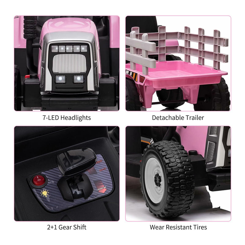 Tracteur électrique pour enfants 12V, alimenté par batterie, chariot pour tout-petits, Rose