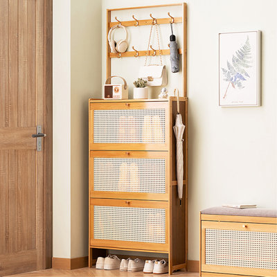 Shoe Cabinet With 3 Rattan Flip Drawers, Bamboo Shoe Storage Cabinet With Coat Hooks, Freestanding Shoe Cabinet Storage For Entryway, Hallway, Closet, Living Room ( Natural Color )