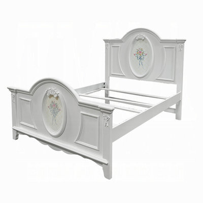Auri Bed, Floral Motifs Arched Headboard, Classic White Wood