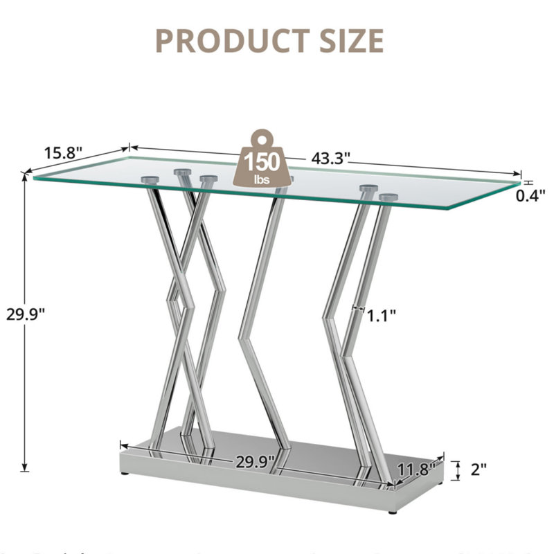 43.3" Modern Rectangle Console Table with Glass Top and Stainless Steel Base