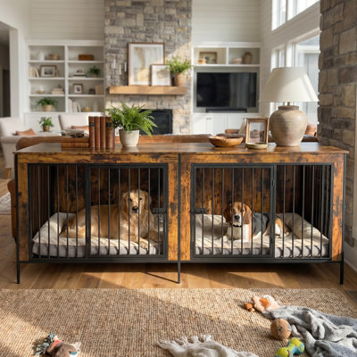 Dorien Furniture Style Dog Crate With Divider, Large Wooden Dog Kennel End Table, Raised Legs For Robot Vacuum, Heavy-Duty Metal Frame, Multi-Door Pet Crate Furniture