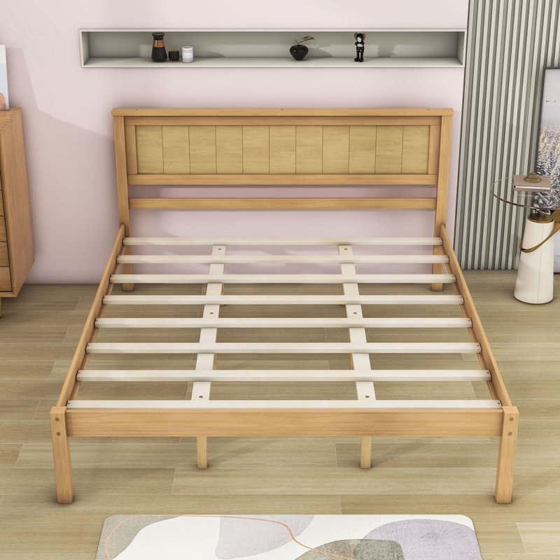 Lit plateforme en bois avec tête de lit et lattes Leajah, Grand