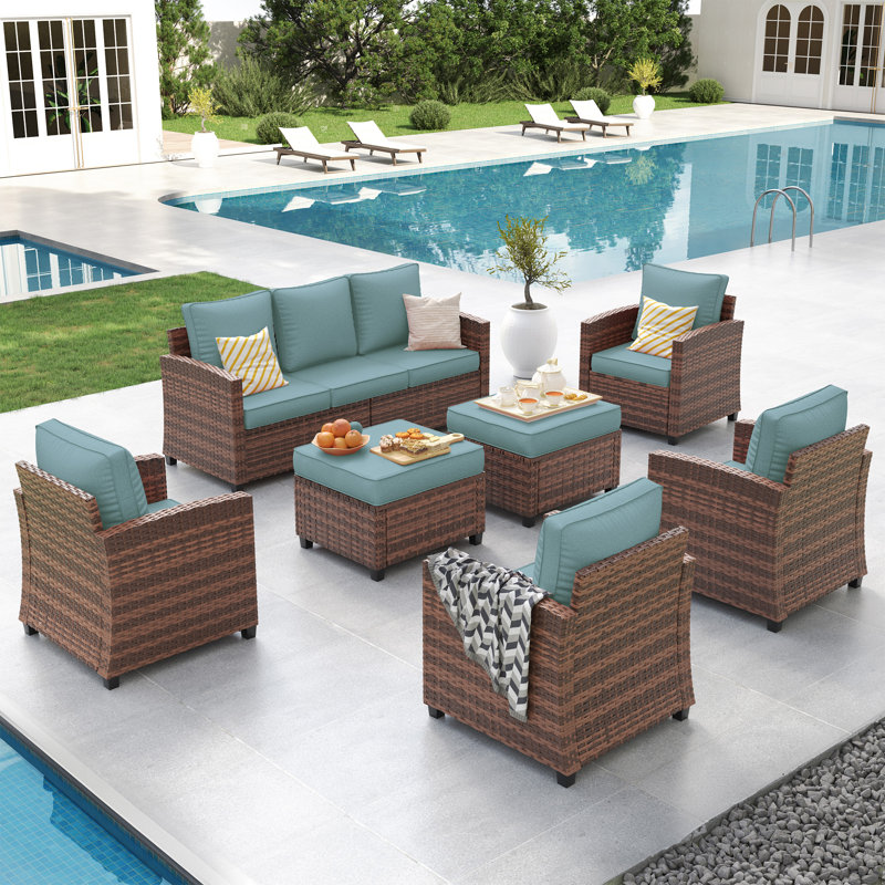 7-Person Outdoor Seating Group With Cushion, Blue, Brown