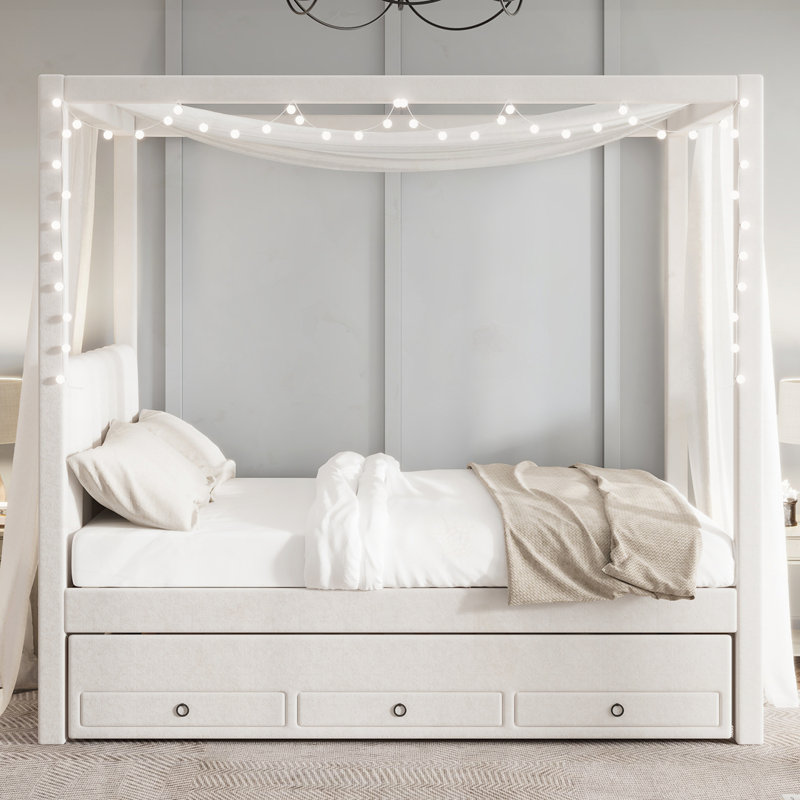Upholstery Canopy Platform Bed with Trundle and Drawers