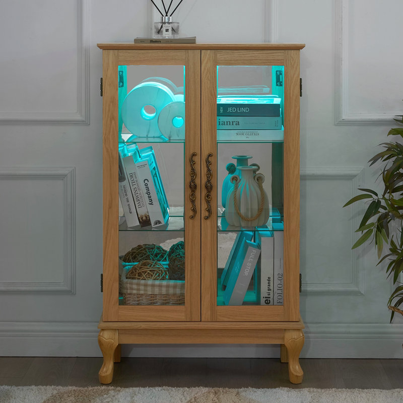 Elegant Light Curio Cabinet With Tempered Glass Doors, LED Light, Mirrored Back Panel & Adjustable Shelves – Perfect Display Storage For Home & Office
