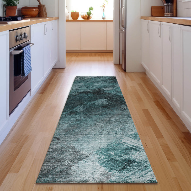 Premium Machine Washable Cerrito AMF590 Teal Runner Rug, Runner 2'3" x 7'6"