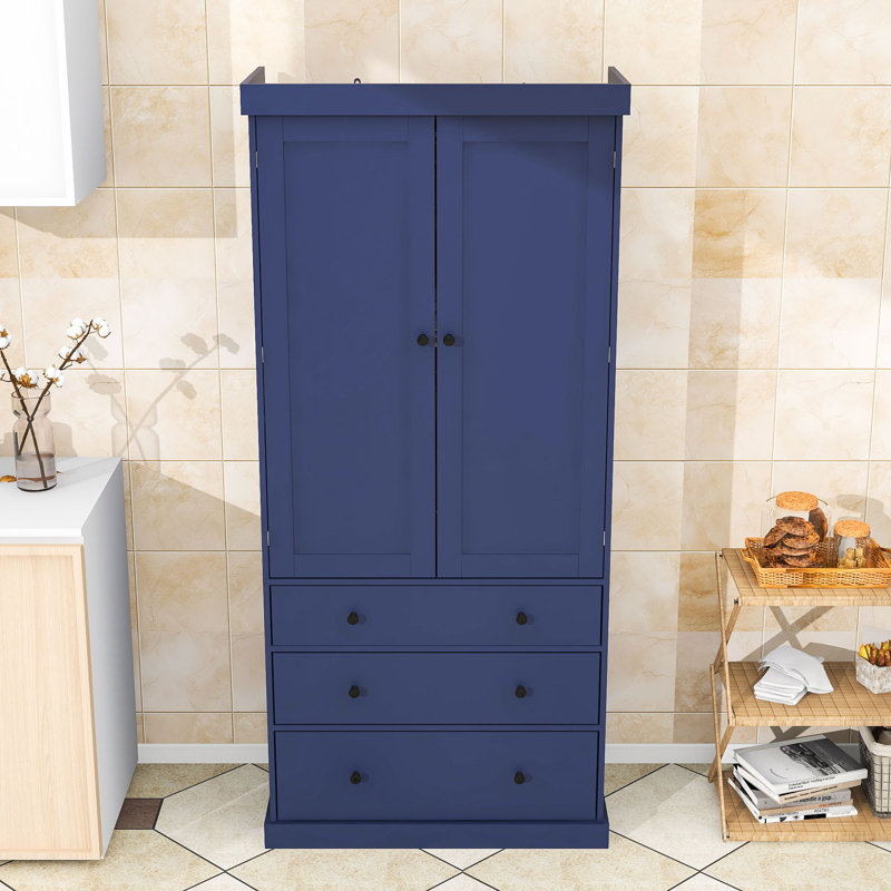 Garde-manger Averir, armoire de rangement haute avec 3 tiroirs et tablettes réglables, Bleu