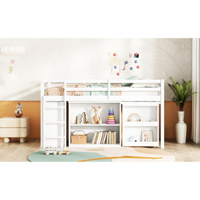 Lit mezzanine simple avec rangement et bureau, finition blanche, structure en bois d'hévéa