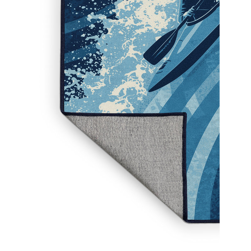 Tapis bleu foncé et éclectique lavable à la machine Kayak, 3 X 5