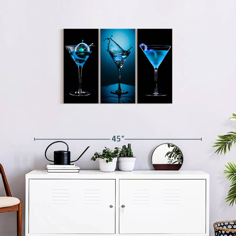 Ensemble de 3 boissons bleues sur toile, H 20 po x l 33 po x P 1,25 po