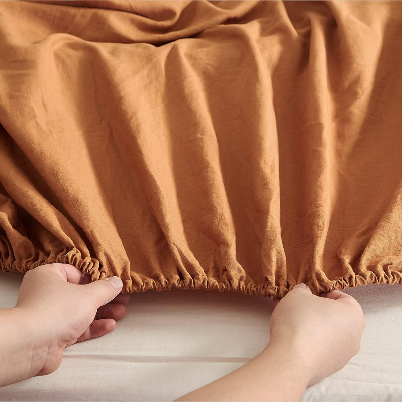 Linen Cotton Fitted Sheet, Rust, Queen Fitted Sheet