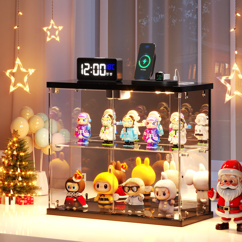 2-Tier Mini Display Cabinet with LED Lights, Charging Station, Black