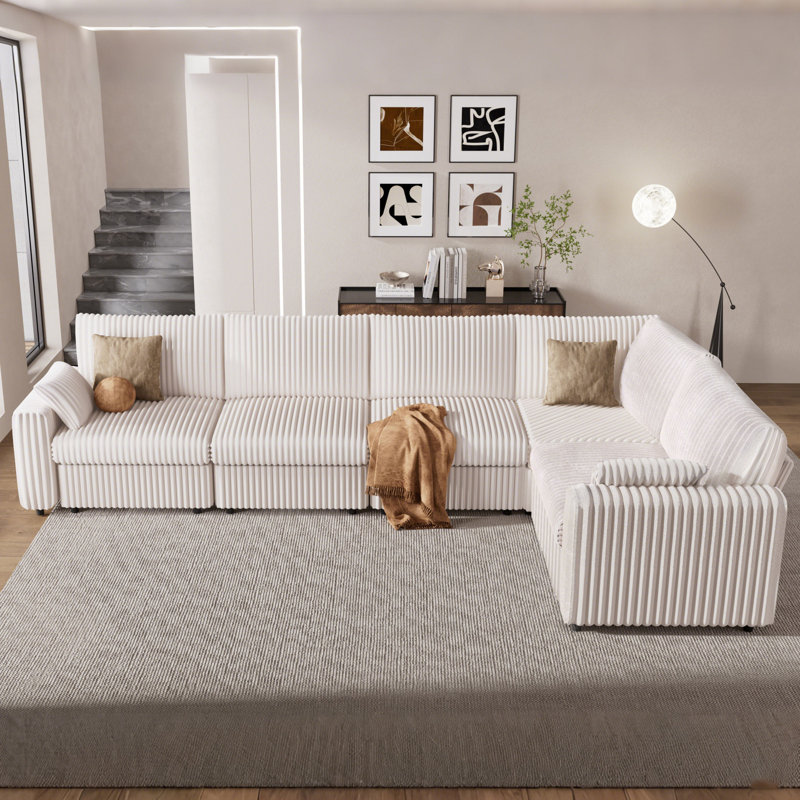 5 Seat Modular Sectional Sofa, Corduroy Couch, Oversized Seat Cushion, Modular Design For Flexible Combinations, No-Tool Assembly, Includes 2 Throw Pillows