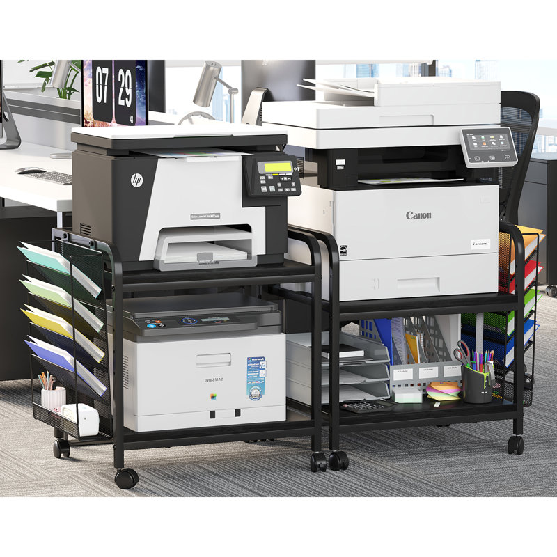 Printer Stand With File Holder Organizer, Printer Cart With Adjustable Height Shelf And Wheels, Black