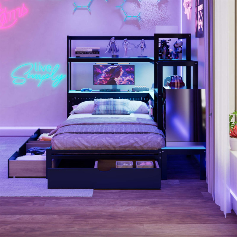Lit de jour Gaming avec bureau intégré et éclairage à DEL, base de lit en bois moderne avec 3 tiroirs de rangement et station de charge intégrée, bibliothèque multifonctionnelle (sans matelas)